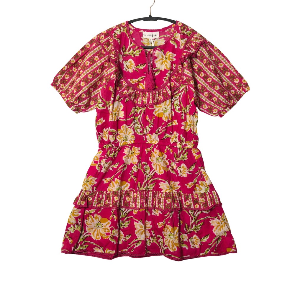 Maisie Floral Cotton Puff Sleeve Mini Dress Pink L Boho Tropical Resort‎ NWT